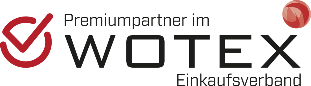 Logo von wotex mit dem Text „Premiumpartner im Einkaufsverband“ mit rotem Häkchen und rotem Oval.