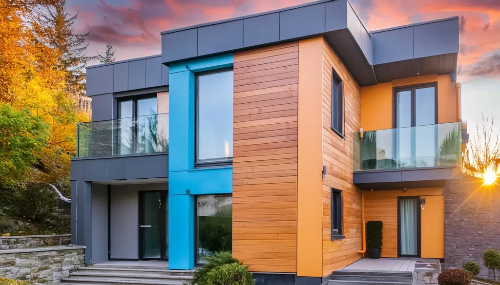 Ein modernes zweistöckiges Haus mit einer Mischung aus Holz- und Metallakzenten an der Außenseite, großen Fenstern und Glasgeländern von Maler & Trockenbau Jobst, vor einem Sonnenuntergangshimmel mit Herbstlaub. Maler & Trockenbau Jobst Lindau